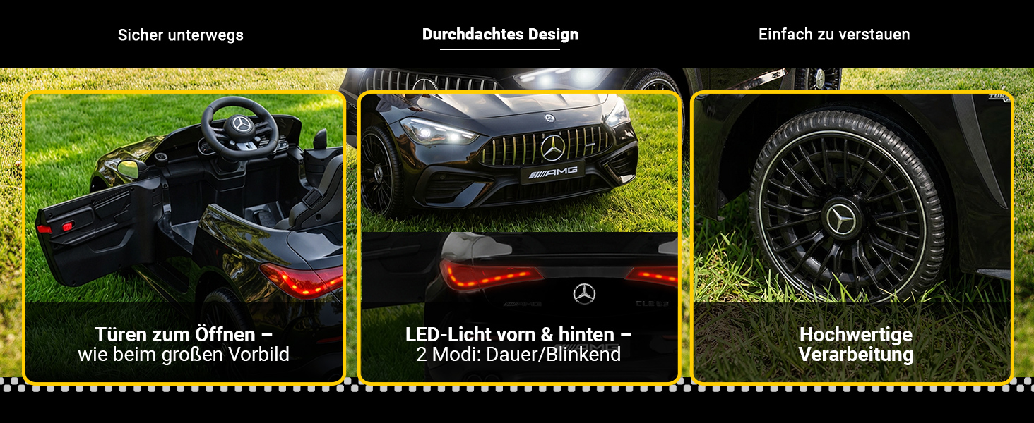 Detailgetreues Design mit Premium-Optik Das Mercedes-AMG CLE 53 Kinder-Elektroauto überzeugt mit zu öffnenden Türen, originalgetreuen LED-Leuchten vorne und hinten mit Dauer- und Blinkfunktion sowie einer hochwertigen Verarbeitung. Die liebevollen Fahrzeugdetails sorgen für ein realistisches Fahrerlebnis und eine besonders edle Optik.
